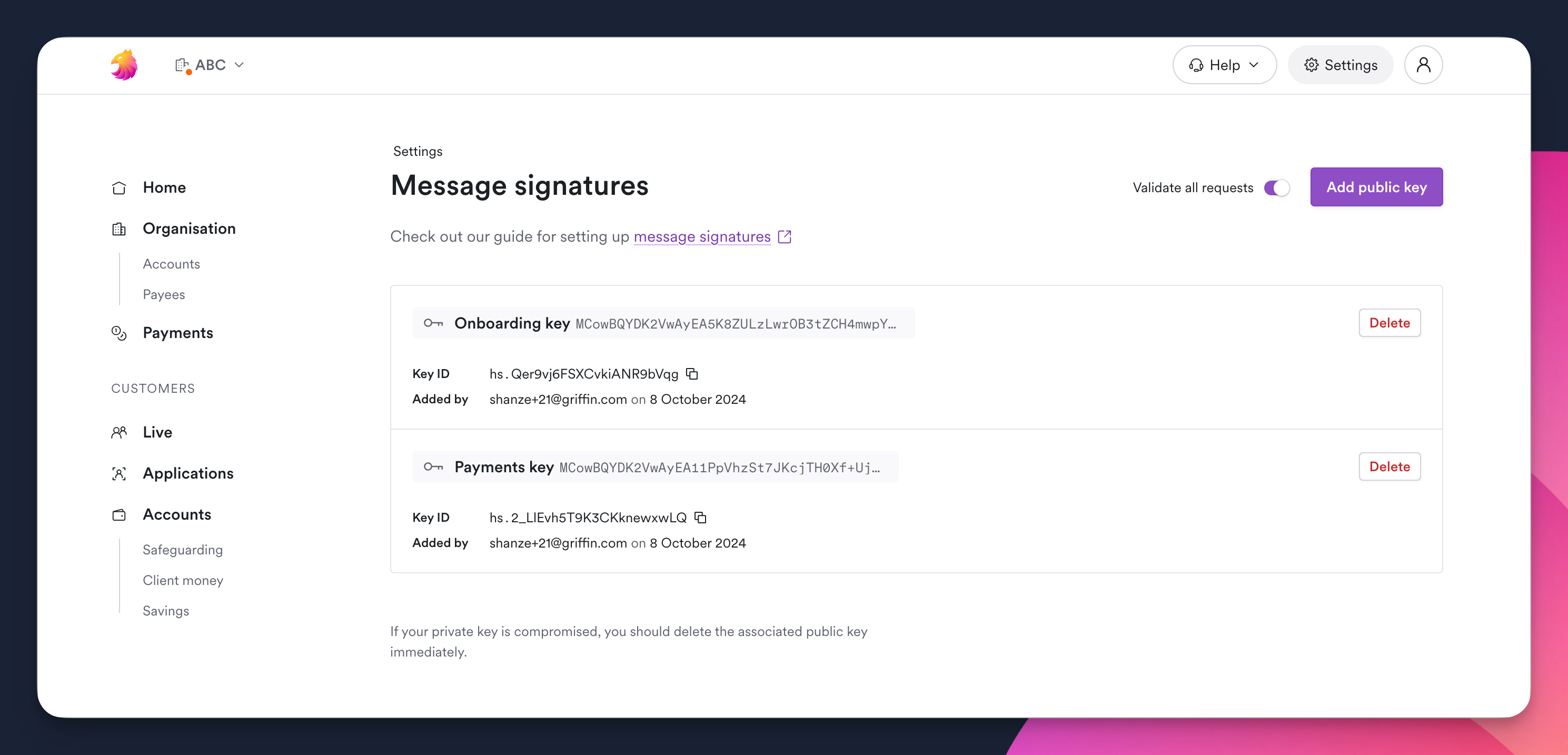 Message Signatures Page on Griffin App